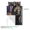 Police quilt blanket detail showing the printed front, white quilted backing, and law enforcement artwork