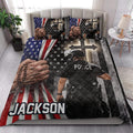 Police-themed quilt bedding styled in a bright bedroom with patriotic colors, officer artwork, and cross imagery