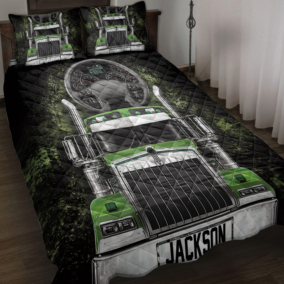 Trucker quilt bedding set on a bed with green semi-truck artwork and dashboard details