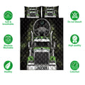 Semi-truck quilt bedding set displayed with front truck artwork and product feature icons