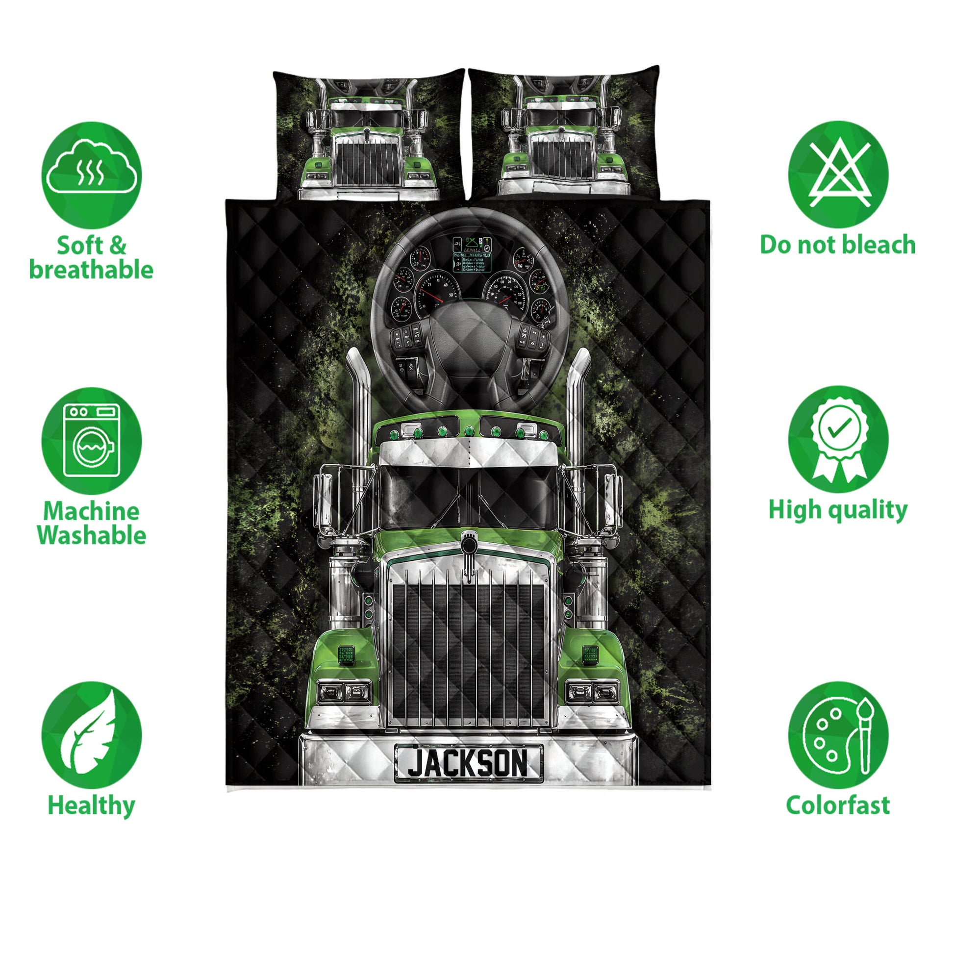 Semi-truck quilt bedding set displayed with front truck artwork and product feature icons