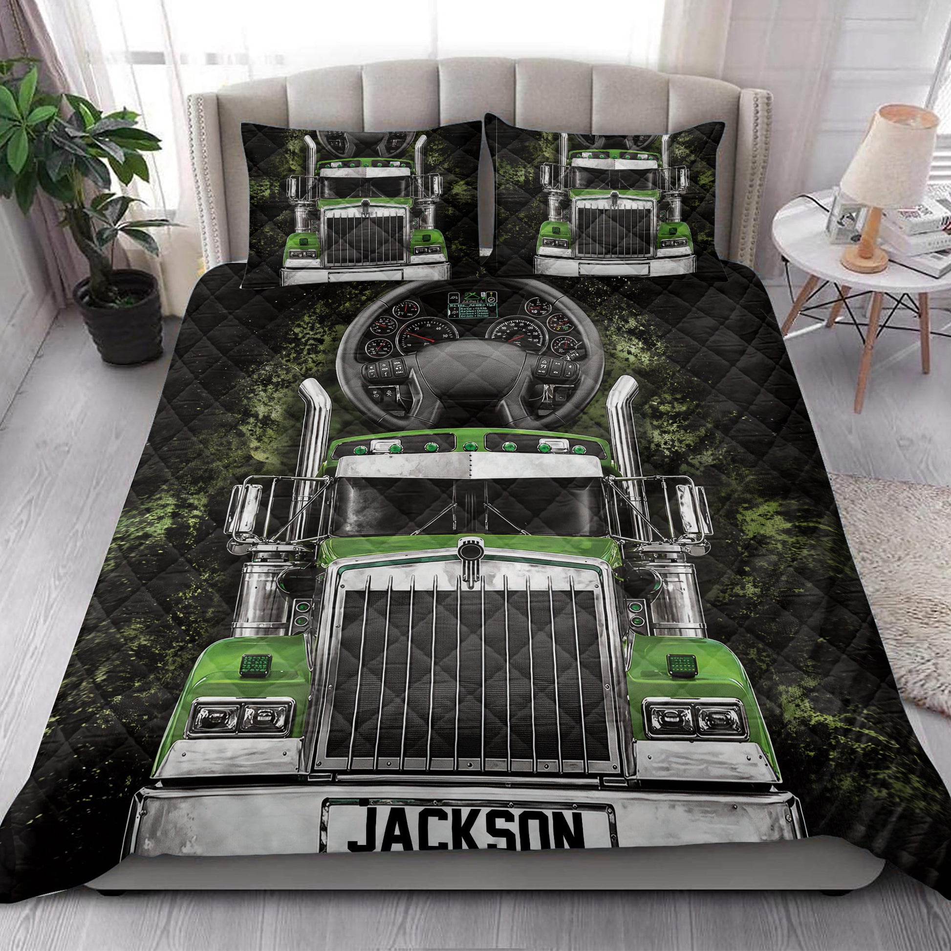 Trucker quilt bedding set styled on a bedroom bed with matching semi-truck pillow designs