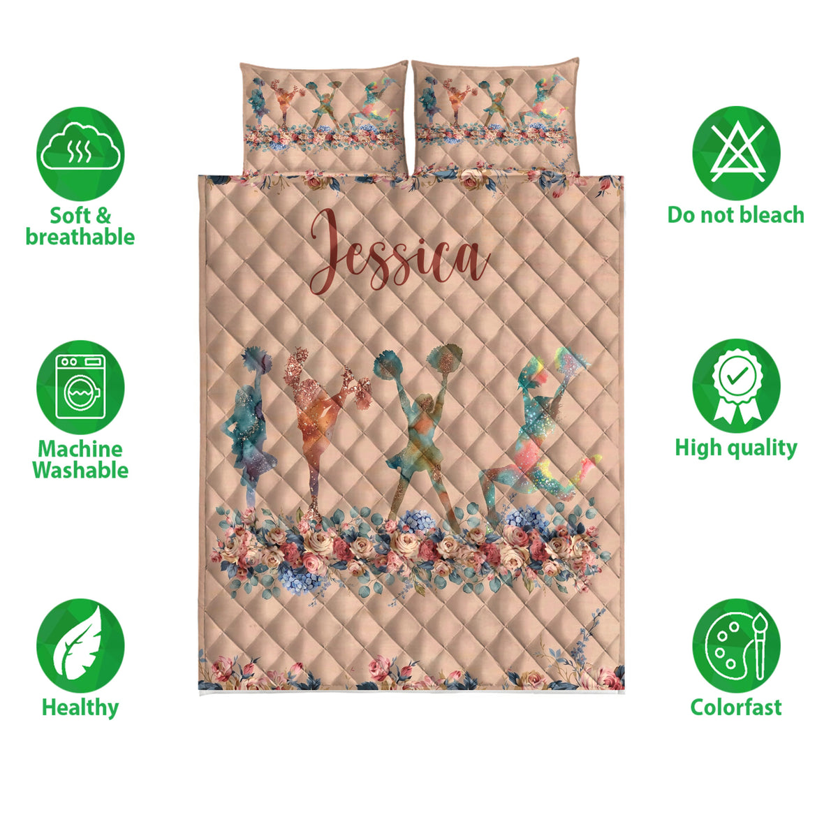 Cheerleading quilt bedding set shown flat with watercolor cheerleaders, floral borders, and soft quilted texture