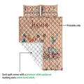 Cheerleading quilt blanket showing the printed floral front and white quilted backing