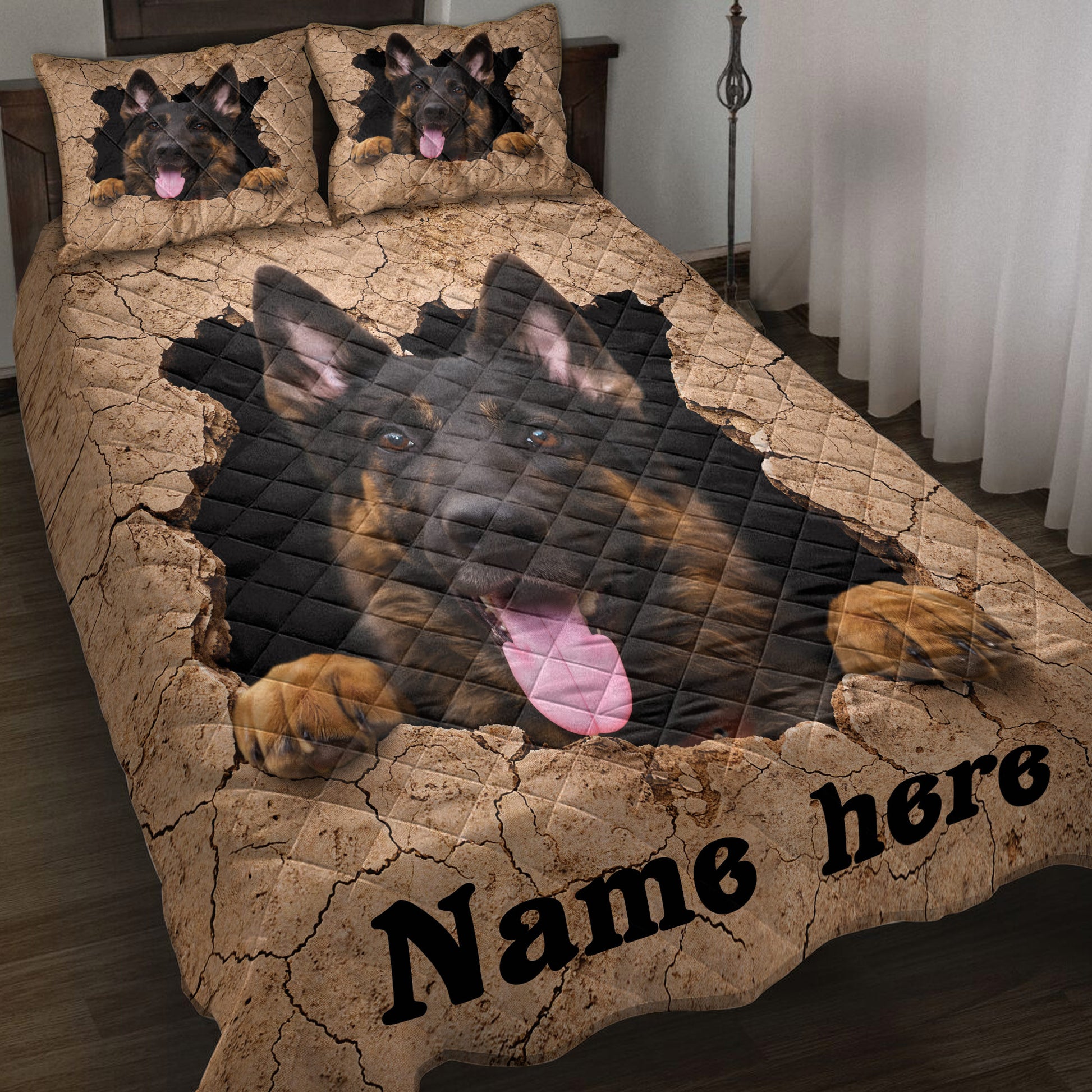 German Shepherd quilt blanket displayed on a bed with cracked stone artwork and black dog portraits
