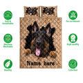 German Shepherd quilt bedding set shown with matching pillow designs and product feature icons