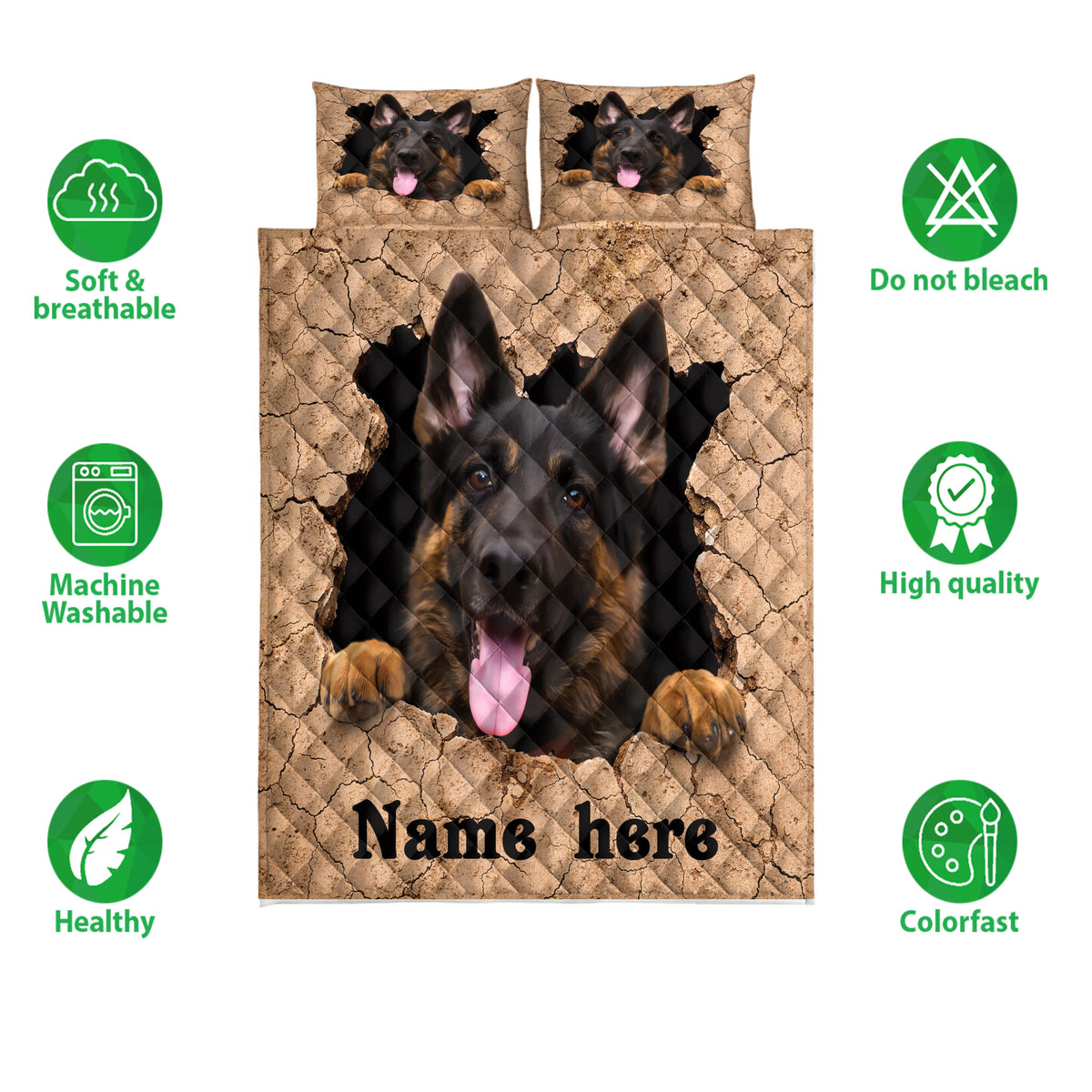 German Shepherd quilt bedding set shown with matching pillow designs and product feature icons