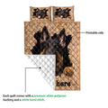 German Shepherd quilt blanket detail showing the printed front and white diamond-stitched backing
