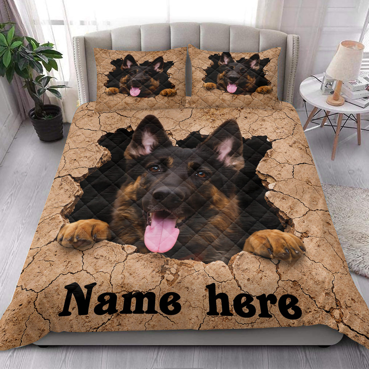 German Shepherd quilt bedding set styled in a bright bedroom with large dog portrait artwork