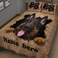 Angled bedroom view of a German Shepherd quilt blanket with cracked stone background artwork