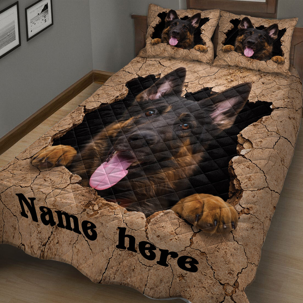 Angled bedroom view of a German Shepherd quilt blanket with cracked stone background artwork