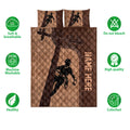 Lineman quilt bedding set shown with utility worker artwork and product feature icons