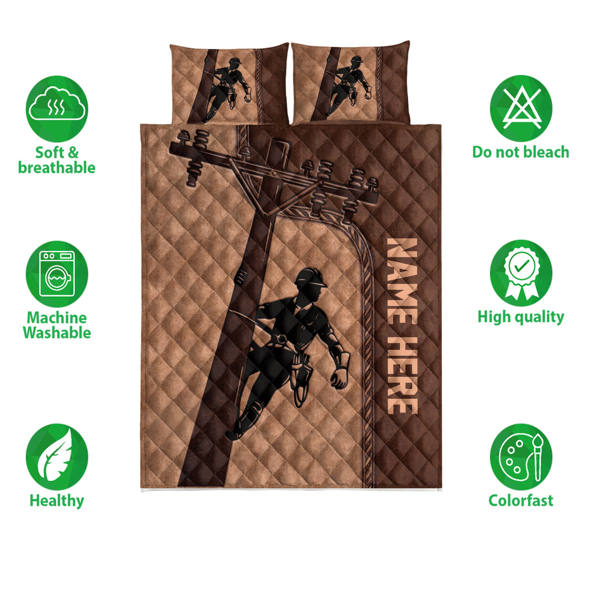 Lineman quilt bedding set shown with utility worker artwork and product feature icons
