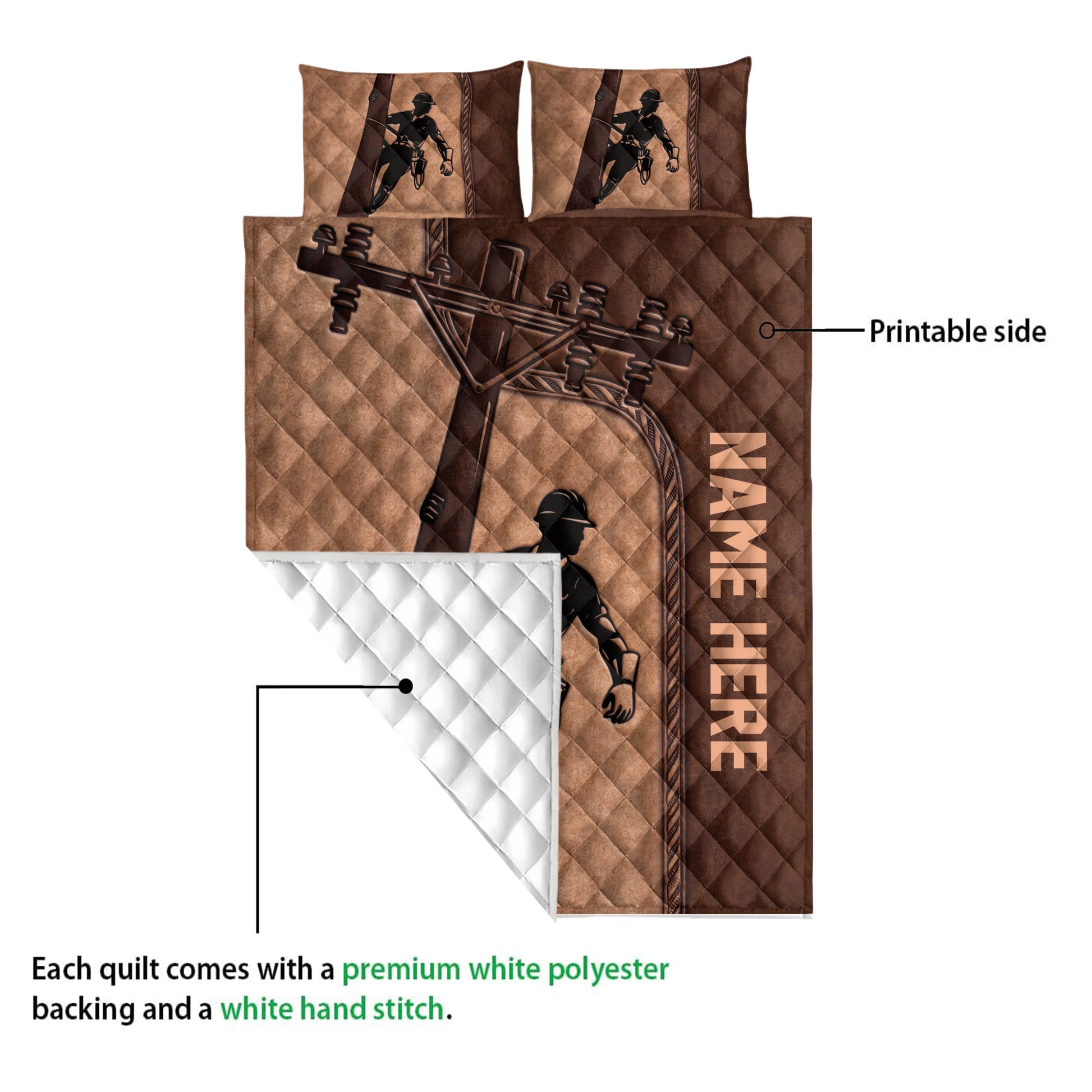 Lineman quilt blanket showing its printed front and white quilted polyester backing