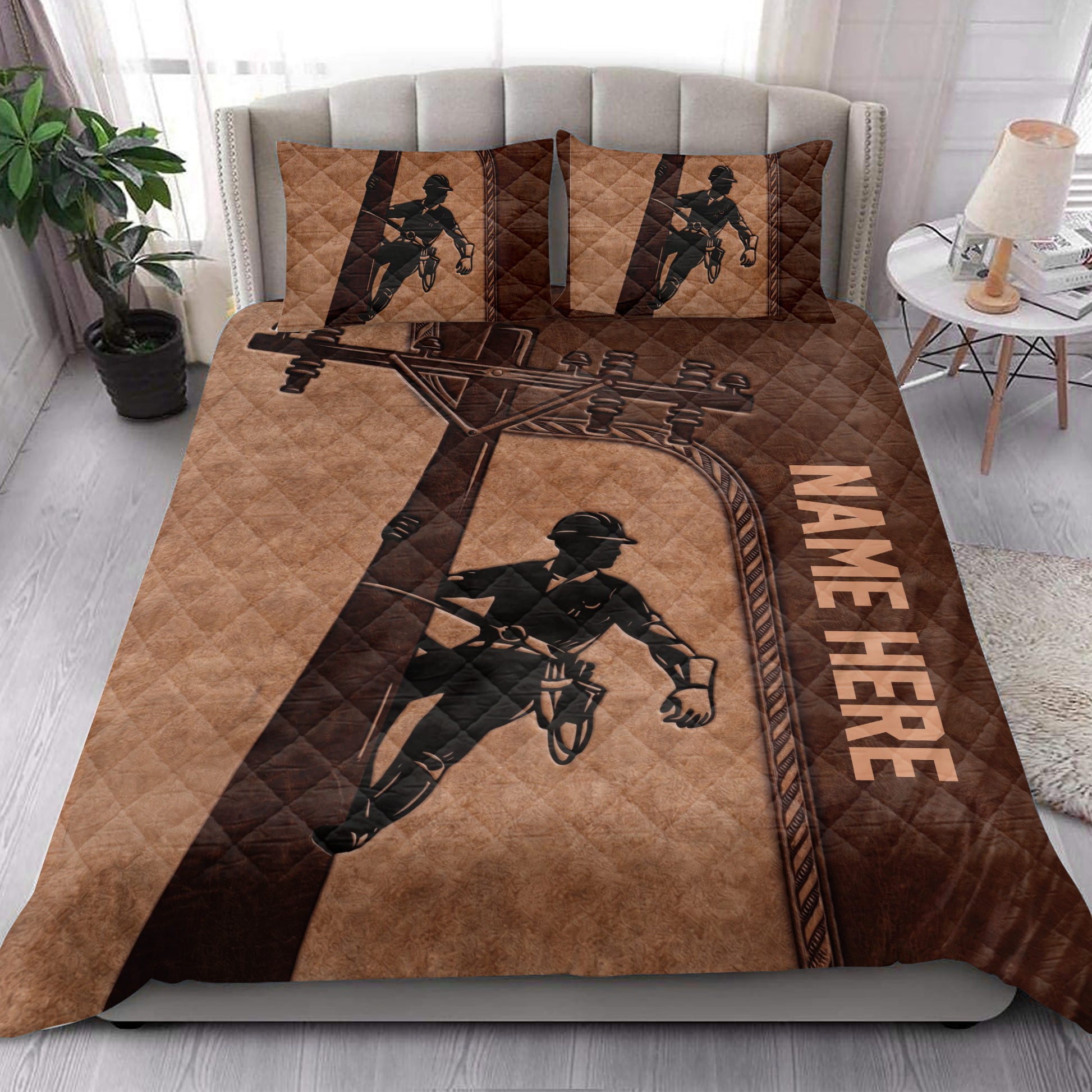 Lineman quilt bedding styled in a bedroom with power lineworker silhouettes and utility equipment