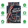 Trucker quilt bedding set with red semi-truck artwork, patriotic stars, and feature icons