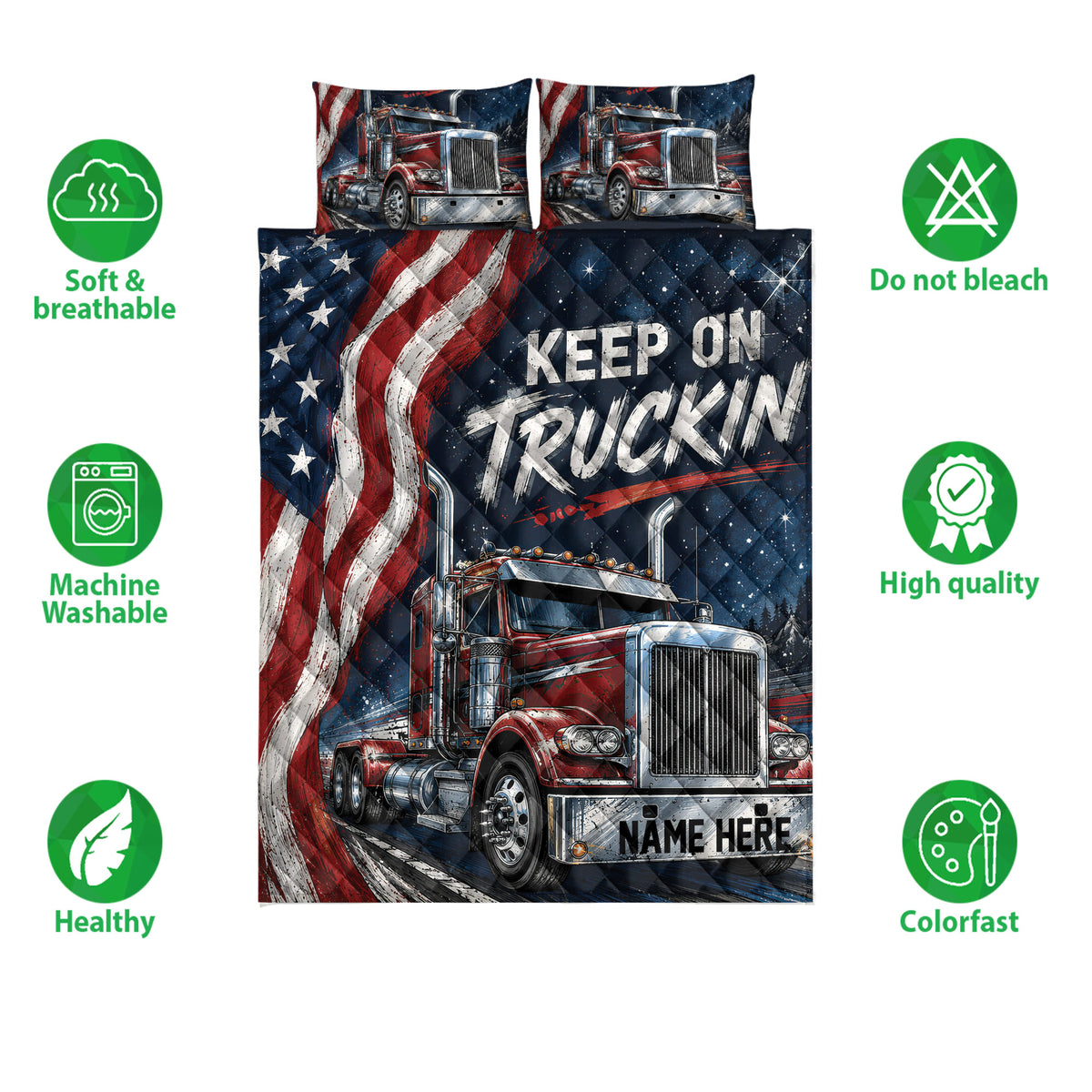 Trucker quilt bedding set with red semi-truck artwork, patriotic stars, and feature icons