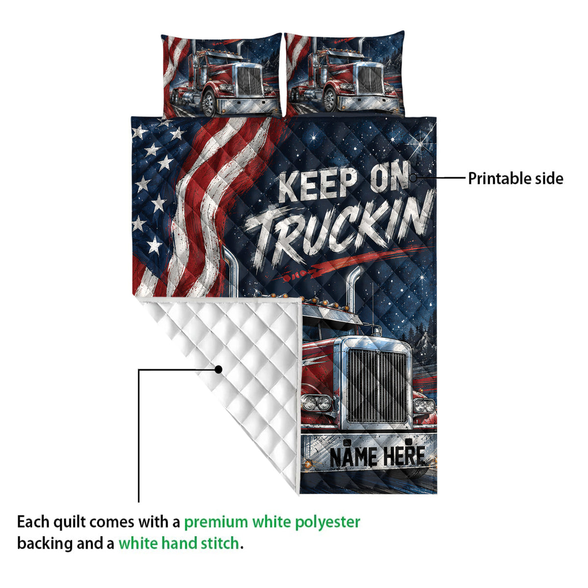 Trucker quilt showing the printed front design, quilted white backing, and large semi-truck artwork