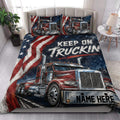 Patriotic semi-truck quilt blanket styled in a bright bedroom with matching truck artwork