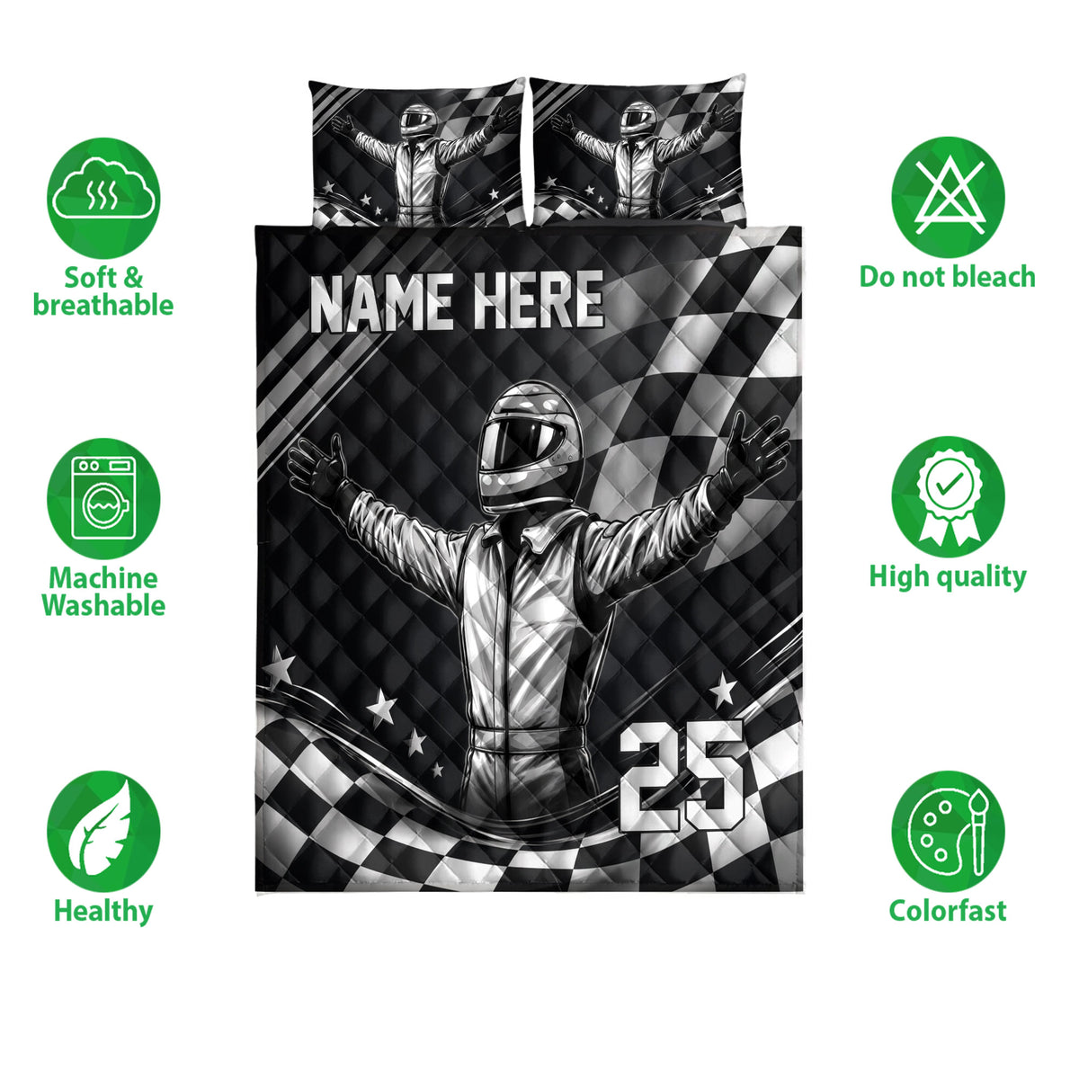 Black and white racing quilt bedding set with helmeted driver artwork and checkered flag design