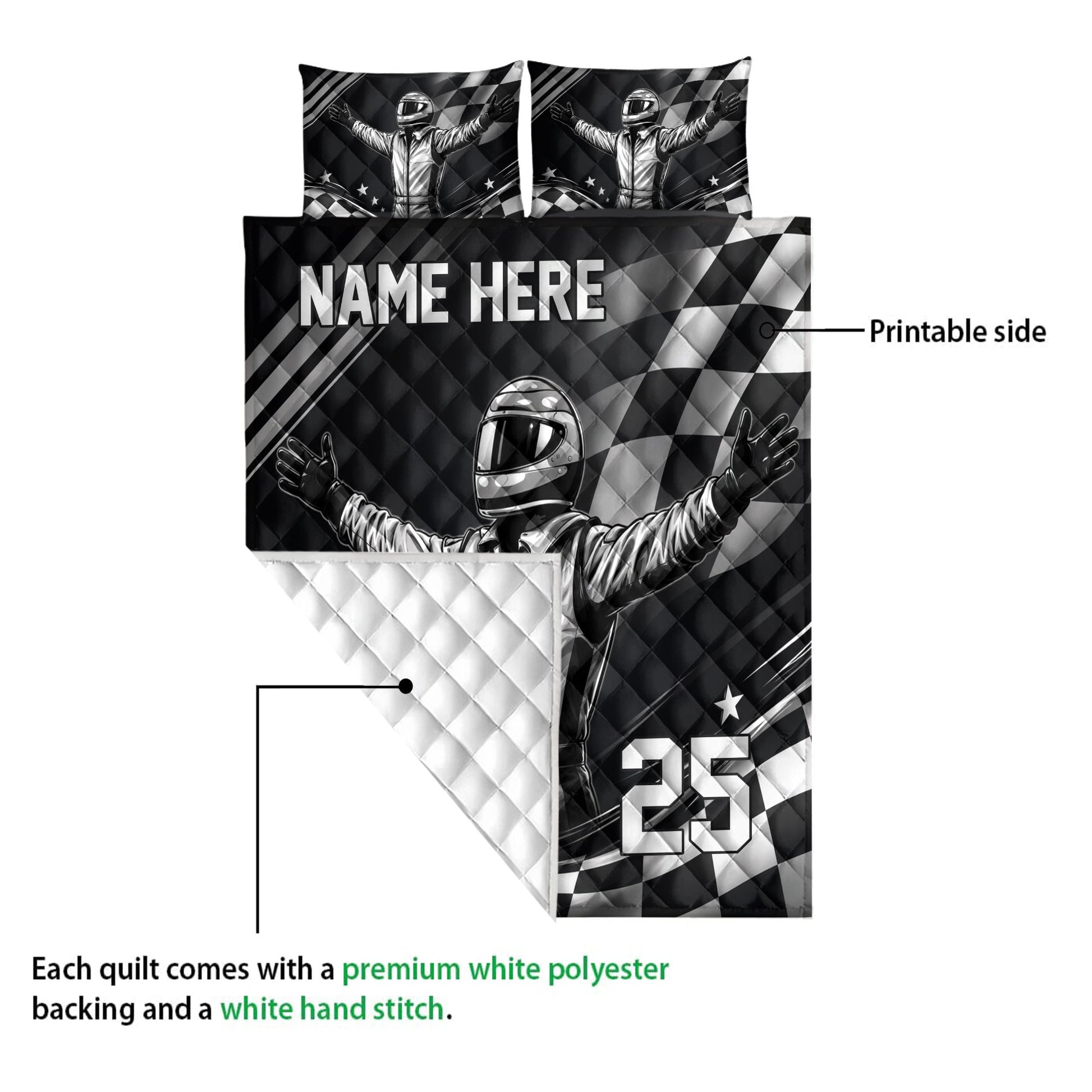 Racing quilt blanket detail showing printed driver artwork, checkered flag pattern, and quilted white backing