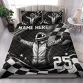Racing quilt bedding styled in a modern bedroom with helmeted driver artwork and bold checkered flag accents