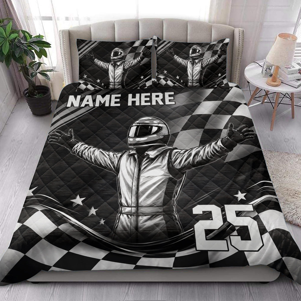 Racing quilt bedding styled in a modern bedroom with helmeted driver artwork and bold checkered flag accents
