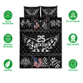 Racing quilt bedding set front view with checkered flags, patriotic eagle artwork, and black geometric styling