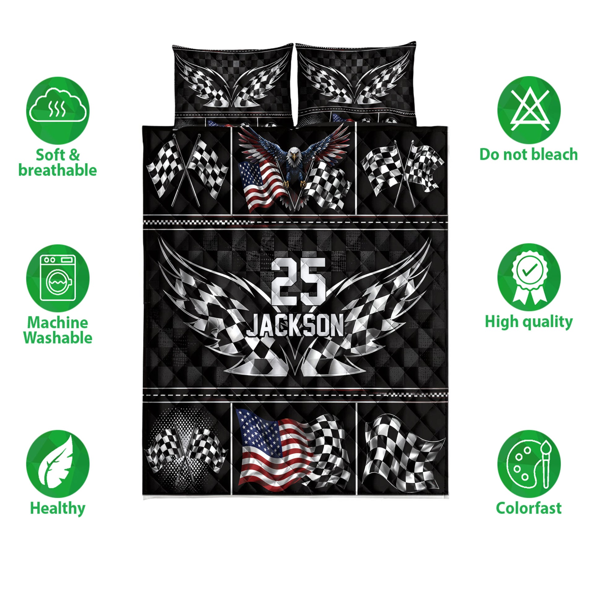 Racing quilt bedding set front view with checkered flags, patriotic eagle artwork, and black geometric styling