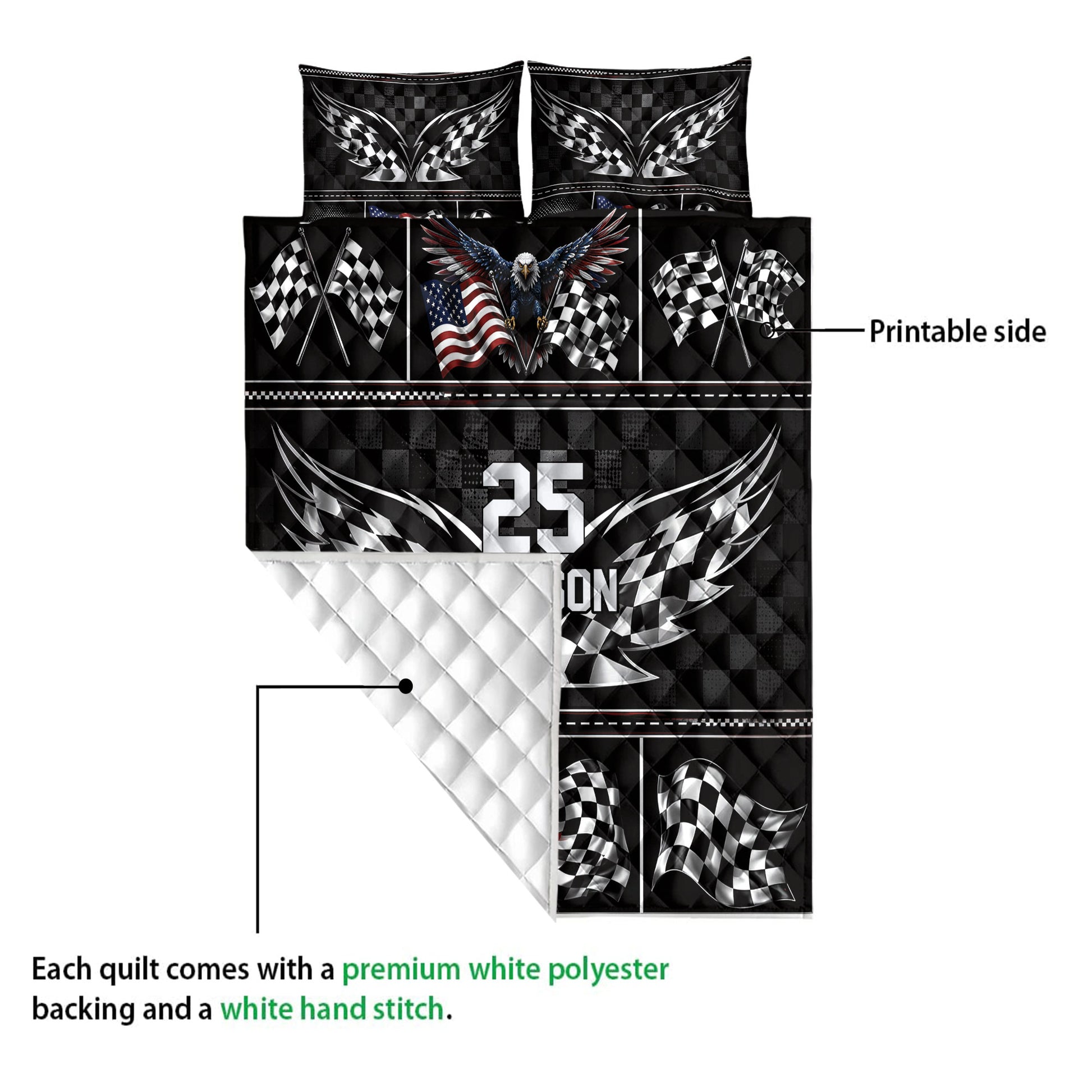 Racing quilt showing the printed side and white quilted backing with checkered flag artwork