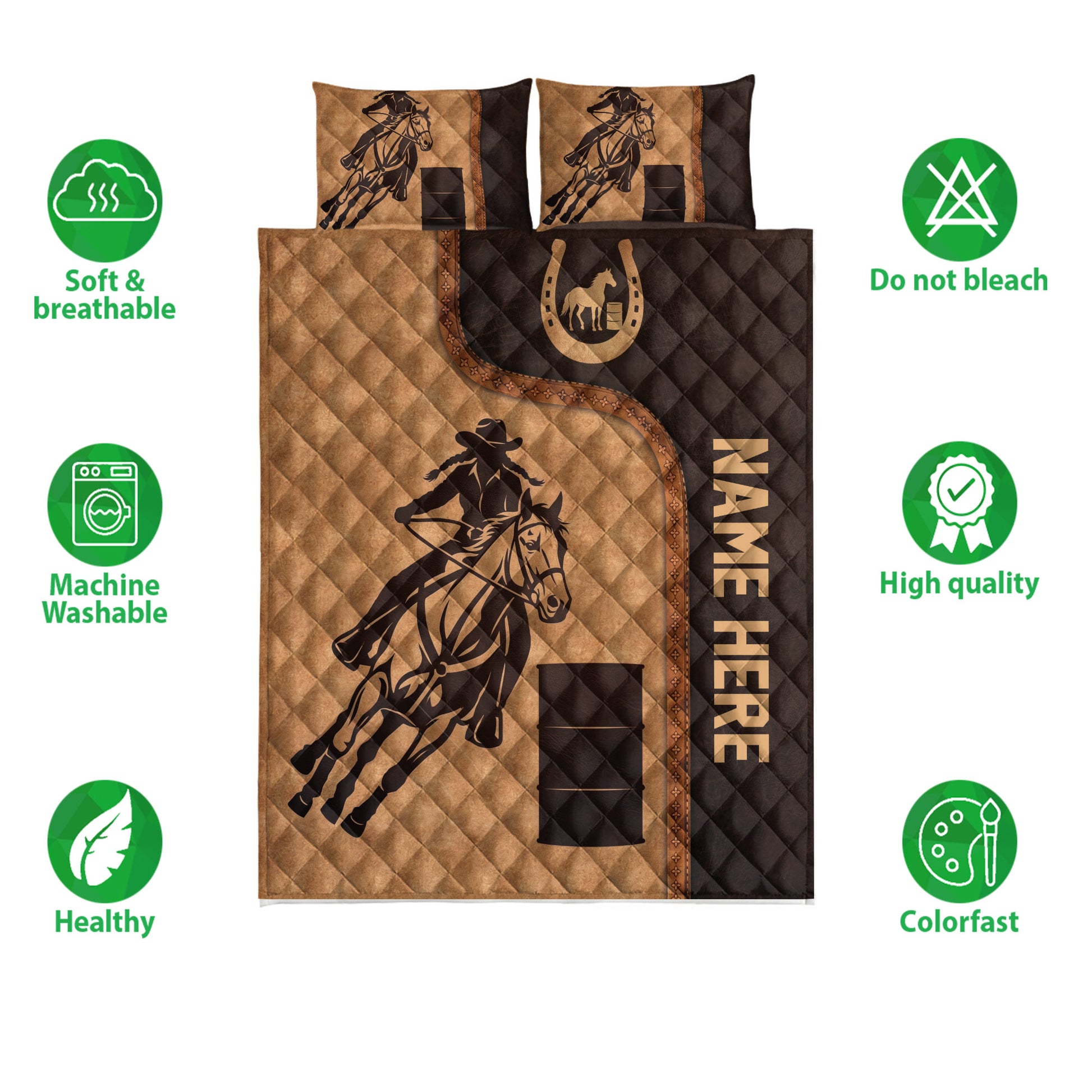 Barrel racing quilt bedding set with horse and rider artwork shown alongside product feature icons