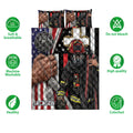 Firefighter quilt bedding set shown with patriotic artwork, fire gear, helmet, dog tags, and product feature icons