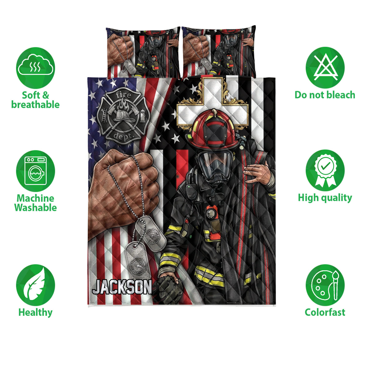 Firefighter quilt bedding set shown with patriotic artwork, fire gear, helmet, dog tags, and product feature icons