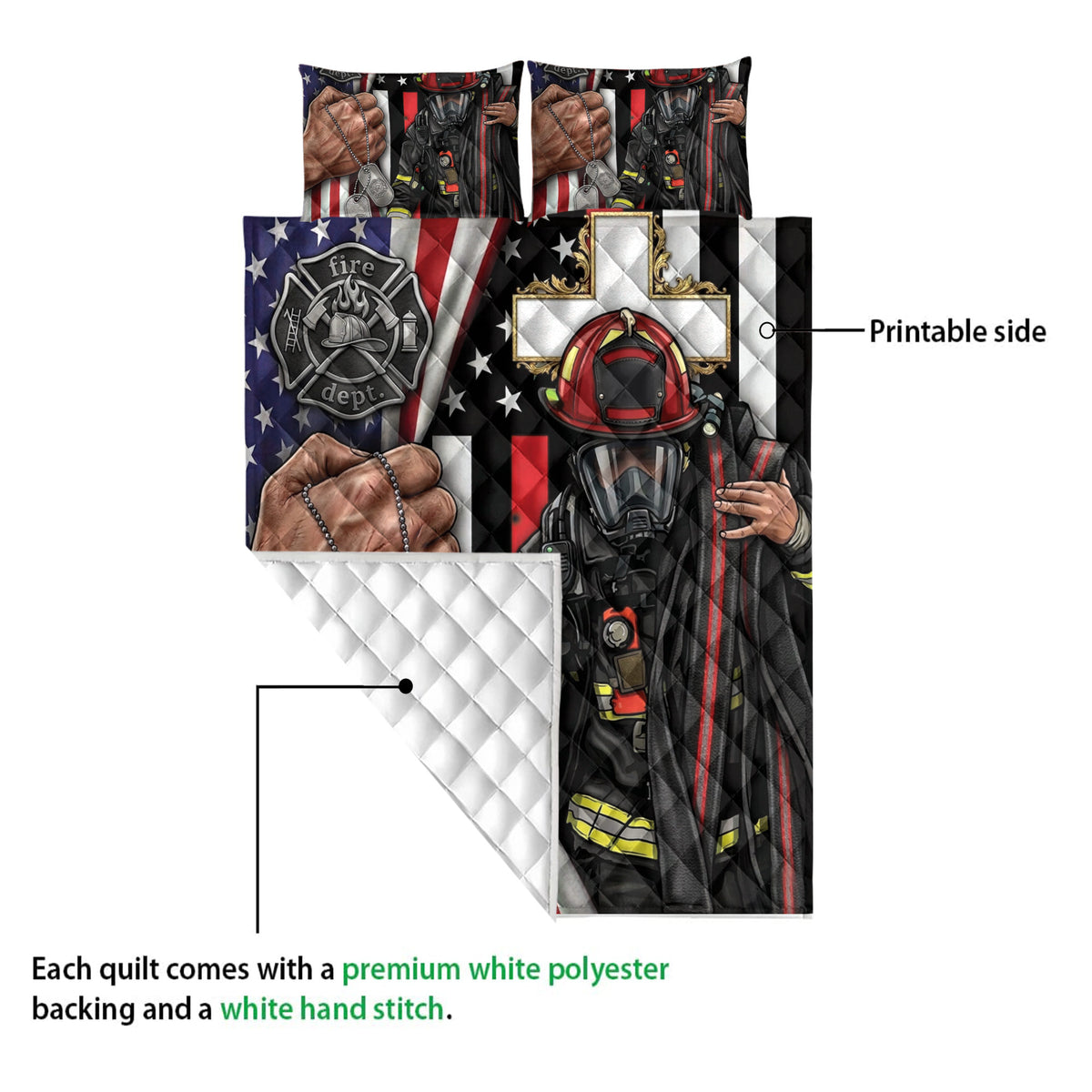 Firefighter quilt blanket showing the printed front design and white quilted backing with fire gear artwork