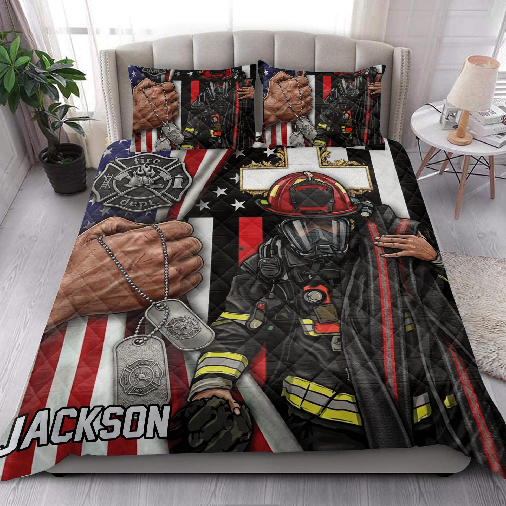 Firefighter quilt bedding set styled in a bedroom with helmet, turnout gear, dog tags, and patriotic fire department artwork