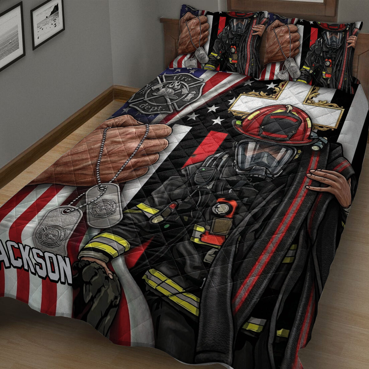 Close bedroom view of firefighter quilt blanket featuring a helmet, protective gear, dog tags, and bold patriotic colors