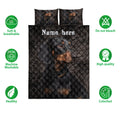 Dachshund quilt bedding set shown with black and tan dog artwork and product feature icons