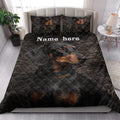 Dachshund quilt bedding displayed in a bright bedroom with matching dog pillow artwork
