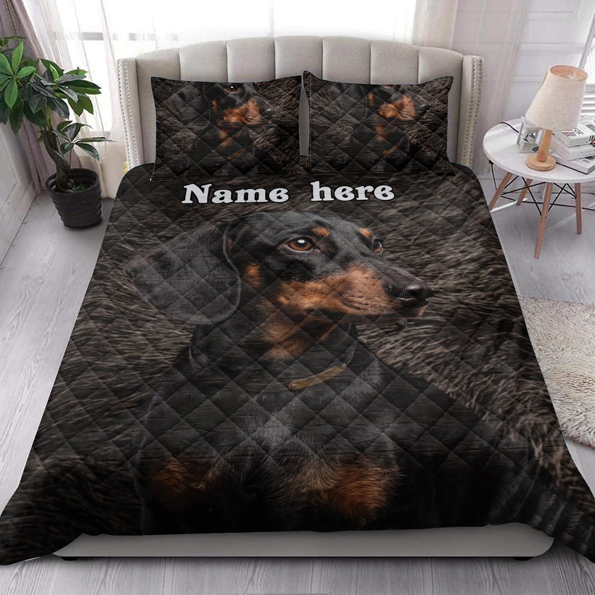 Dachshund quilt bedding displayed in a bright bedroom with matching dog pillow artwork