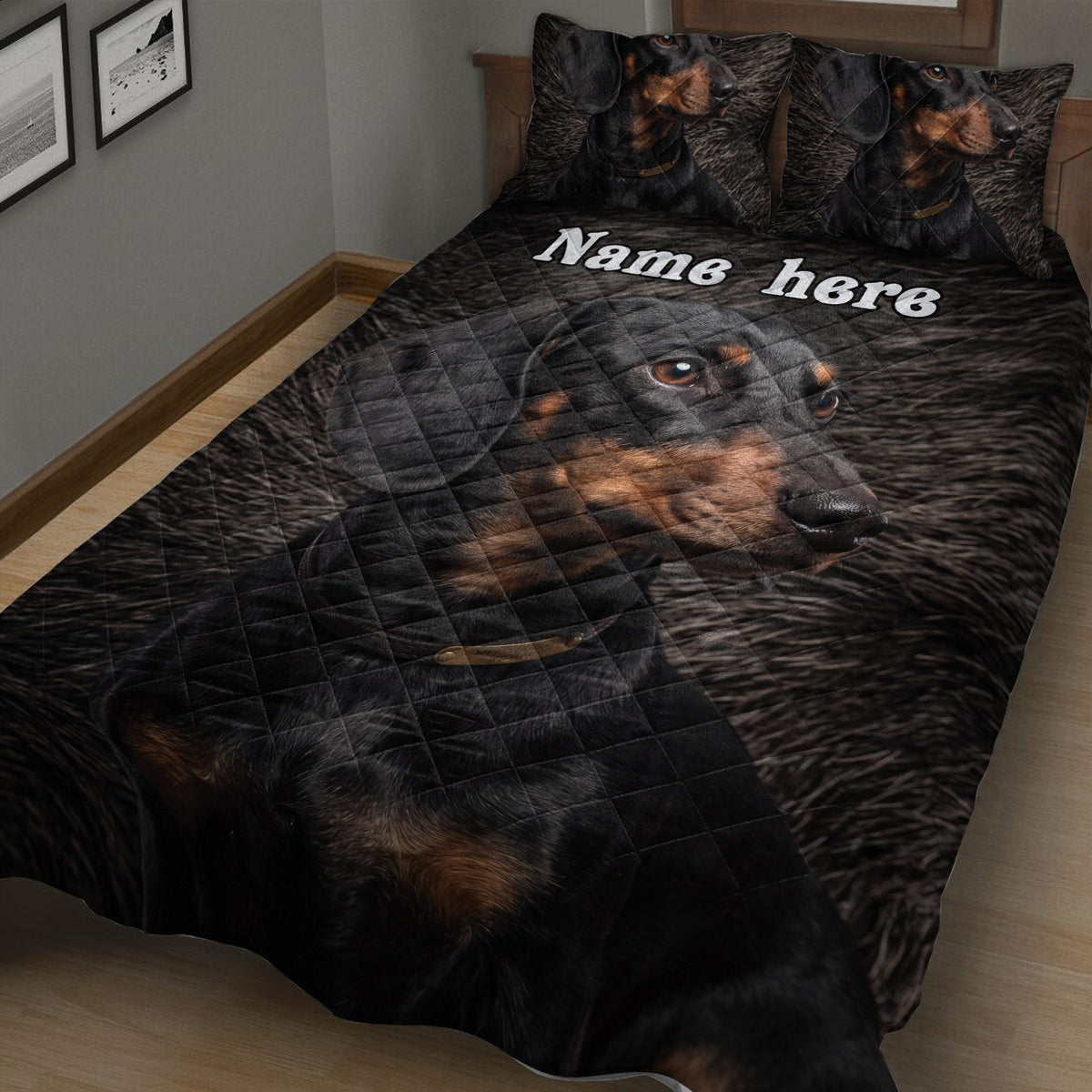 Close bedroom view of a black and tan dachshund quilt blanket with realistic dog portrait artwork