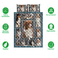 Australian Shepherd quilt bedding set shown front-facing with framed dog portraits and product feature icons