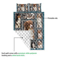 Australian Shepherd quilt shown with a printed front, white quilted backing, and close-up construction detail