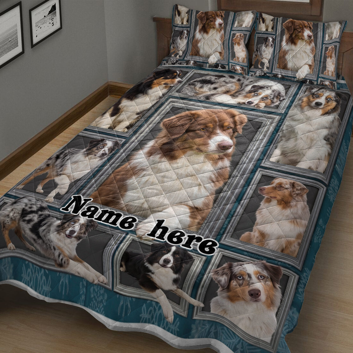 Close view of Australian Shepherd quilt blanket featuring detailed brown, black, white, and merle dog portraits