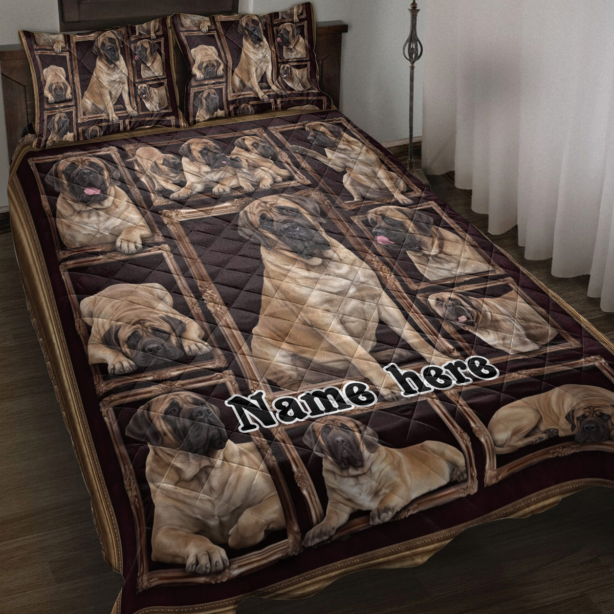 English Mastiff quilt blanket spread across a bed with framed tan and black dog portraits