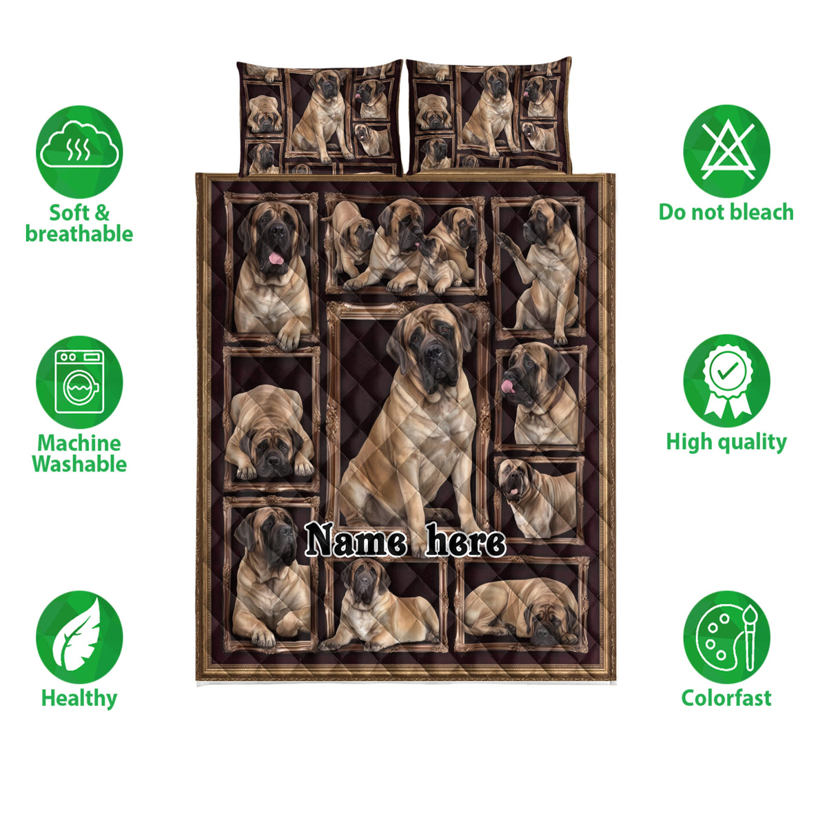 English Mastiff quilt bedding set surrounded by feature icons, showing framed mastiff artwork