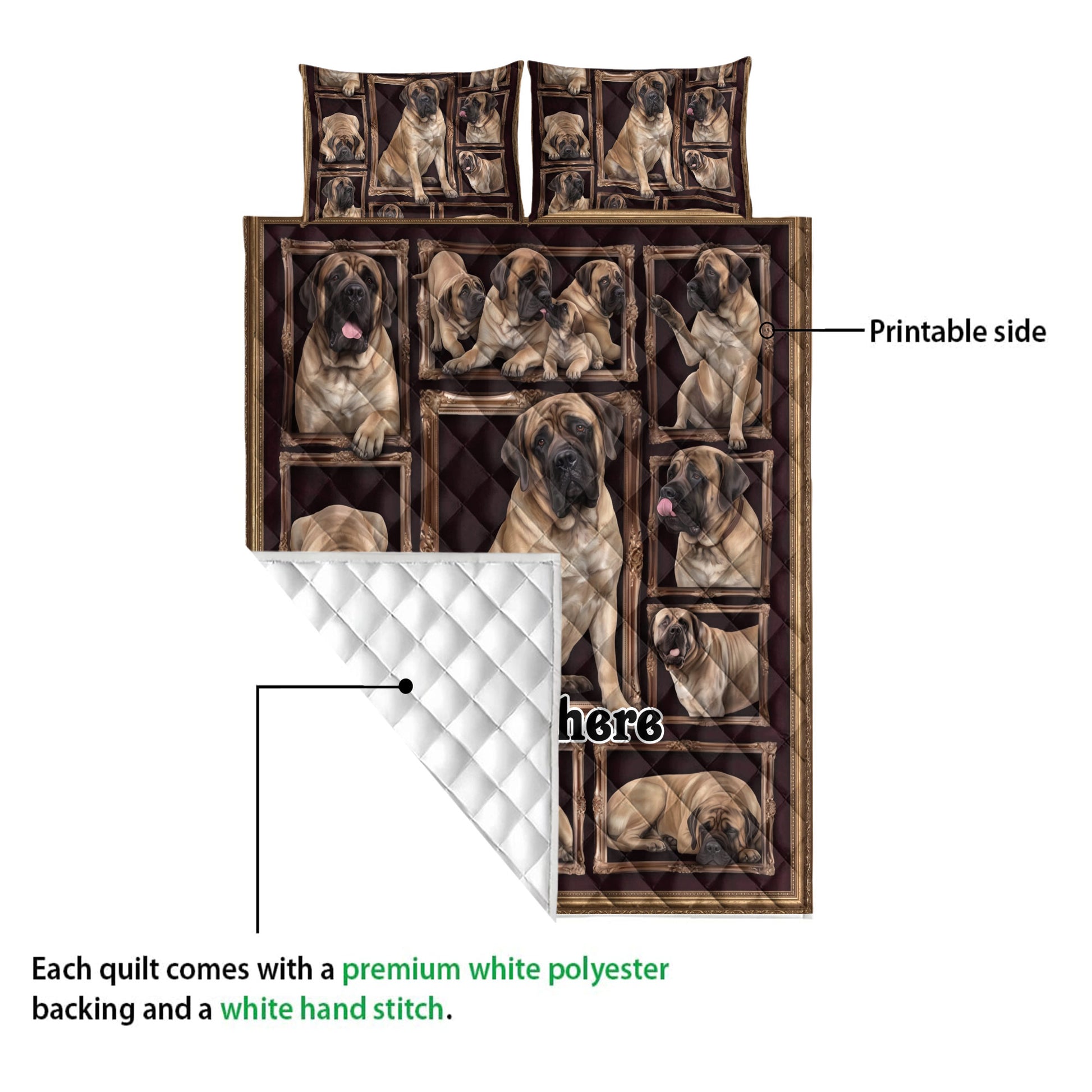 Close view of English Mastiff quilt blanket with printed front and diamond quilt stitching