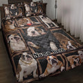 English Bulldog quilt blanket displayed on a bed with framed bulldog portraits in black, brown, and cream tones
