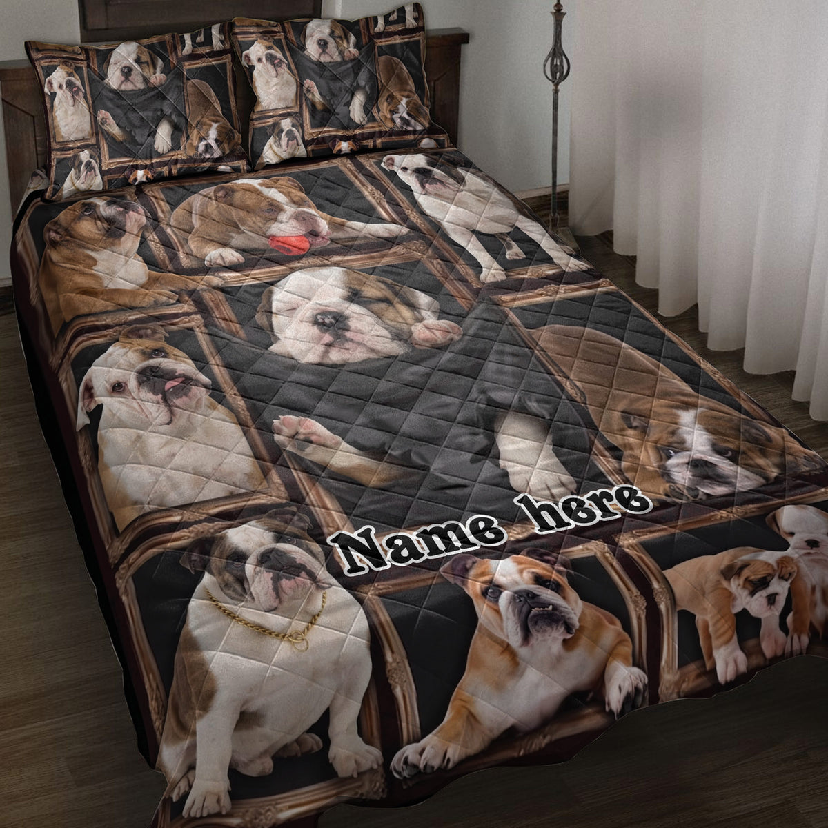 English Bulldog quilt blanket displayed on a bed with framed bulldog portraits in black, brown, and cream tones