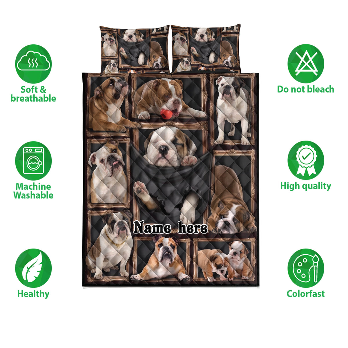 English Bulldog quilt bedding set shown with repeated bulldog artwork and care feature icons on a white background