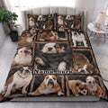 English Bulldog quilt blanket styled on a bedroom bed with multiple bulldog portraits and dark framed artwork